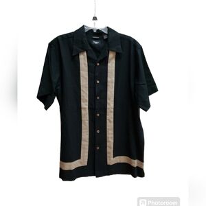 Haggar Washable Linen Shirt Mens Size L Black Tan Button Up